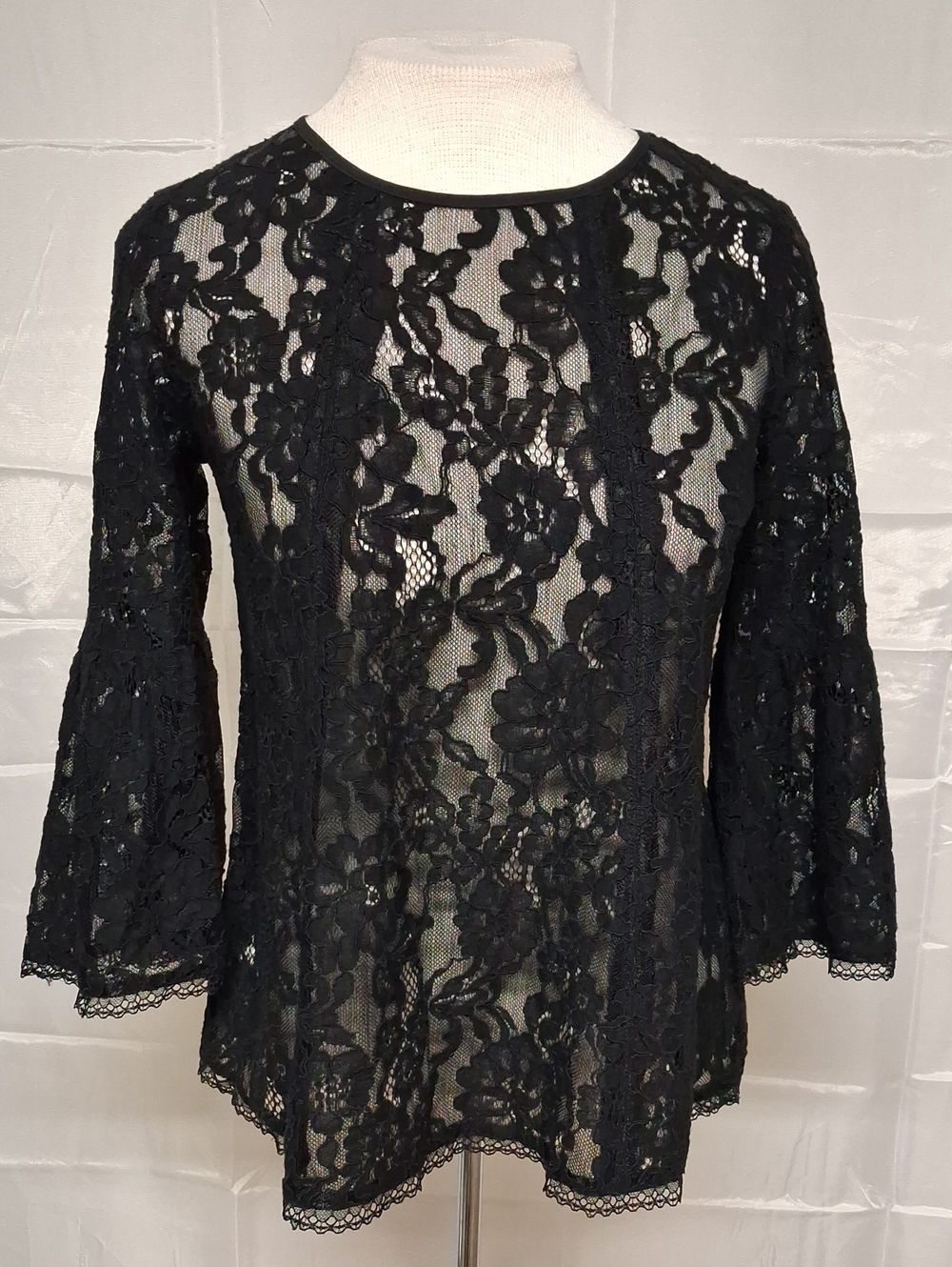 Chelsea28 Sheer Black Floral Lace Bell Sleeves Crew Neck Blouse Size S